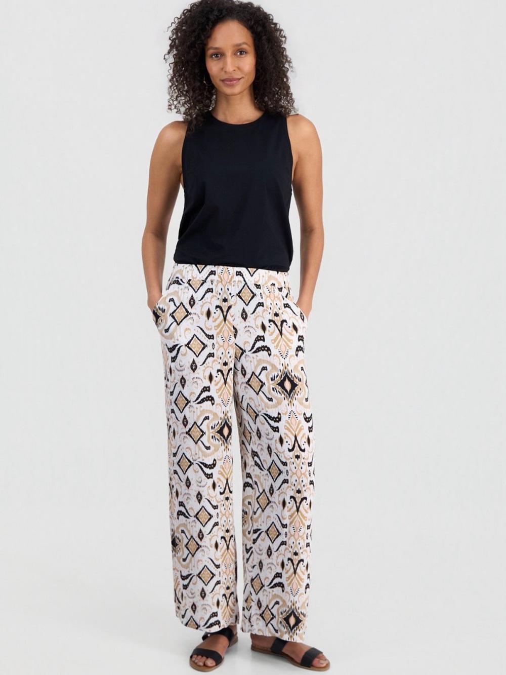 Wide-Leg Printed Palazzo Pants - Black & Cream